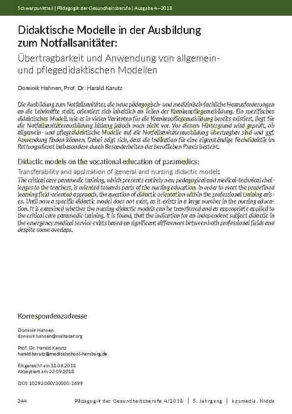 Didaktische Modelle in der Ausbildung zum Notfallsanitäter: Übertragbarkeit und Anwendung von allgemeinund pflegedidaktischen Modellen