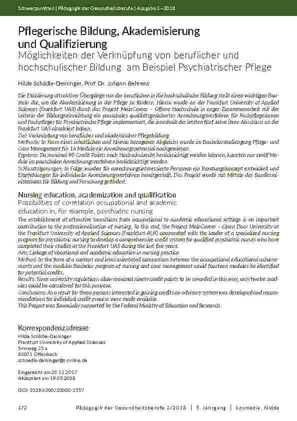 Pflegerische Bildung, Akademisierung und Qualifizierung. Möglichkeiten der Verknüpfung von beruflicher und hochschulischer Bildung am Beispiel Psychiatrischer Pflege