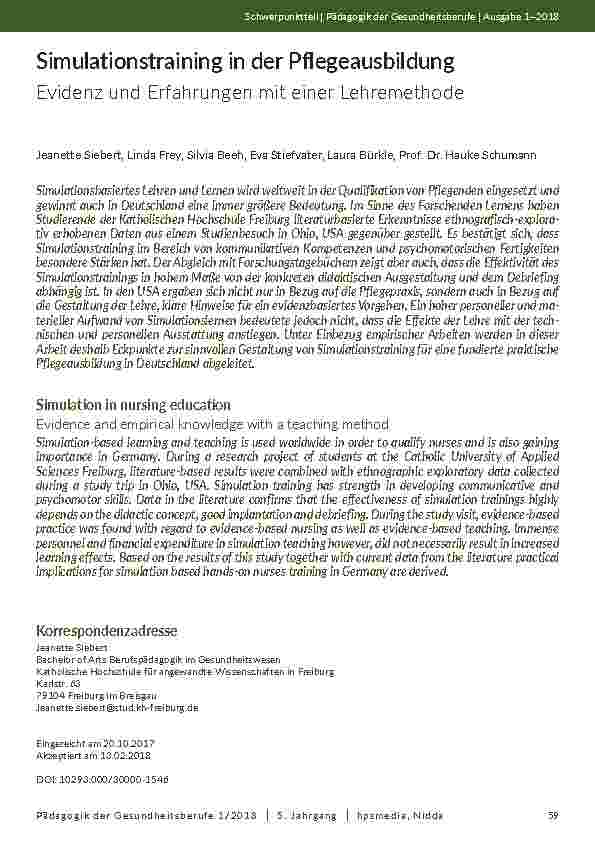 Simulationstraining in der Pflegeausbildung. Evidenz und Erfahrungen mit einer Lehremethode