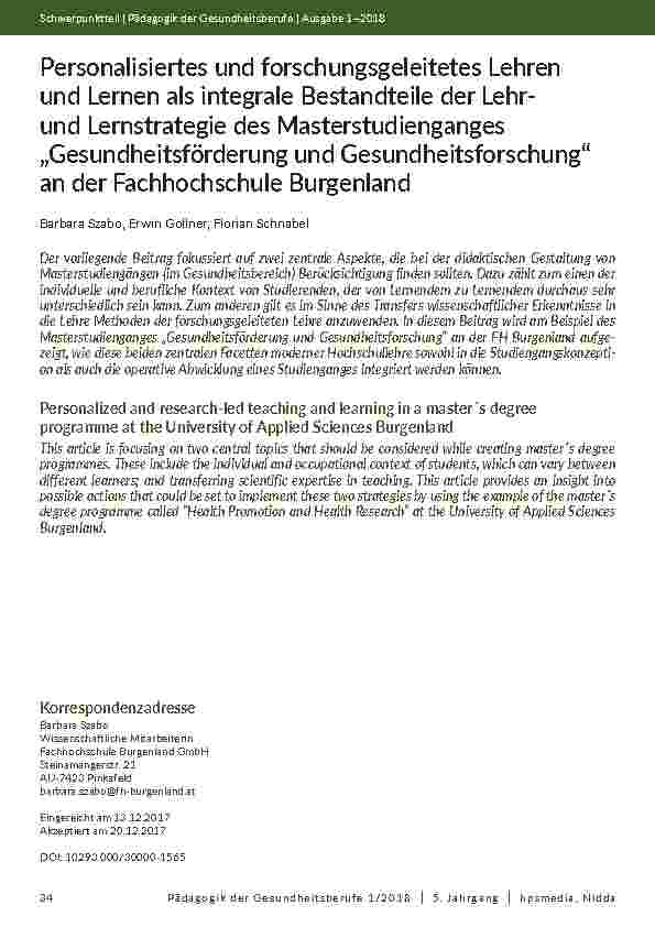 Personalisiertes und forschungsgeleitetes Lehren und Lernen als integrale Bestandteile der Lehrund Lernstrategie des Masterstudienganges „Gesundheitsförderung und Gesundheitsforschung“ an der Fachhochschule Burgenland