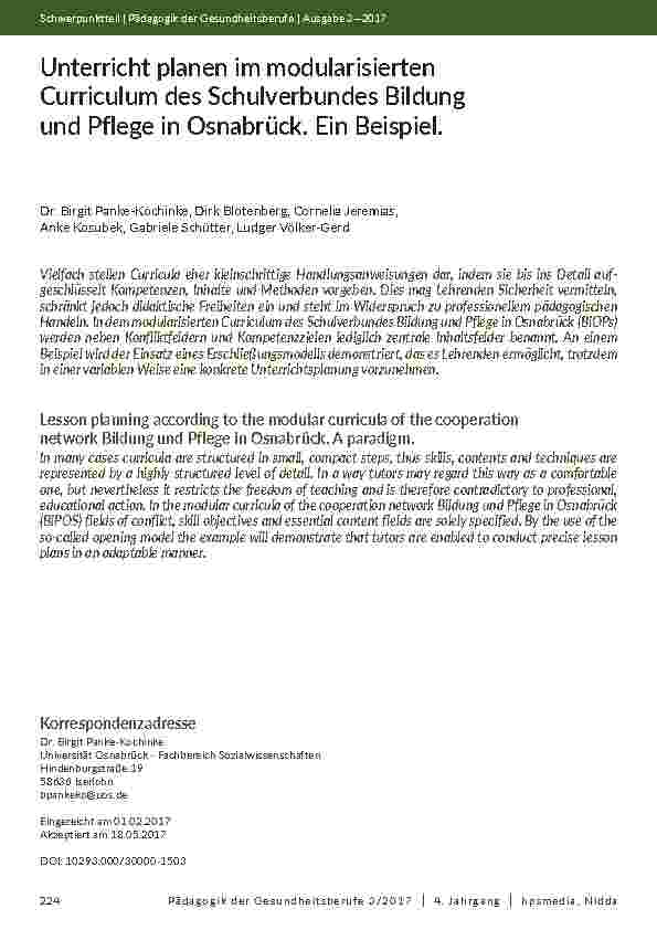Unterricht planen im modularisierten Curriculum des Schulverbundes Bildung und Pflege in Osnabrück. Ein Beispiel.