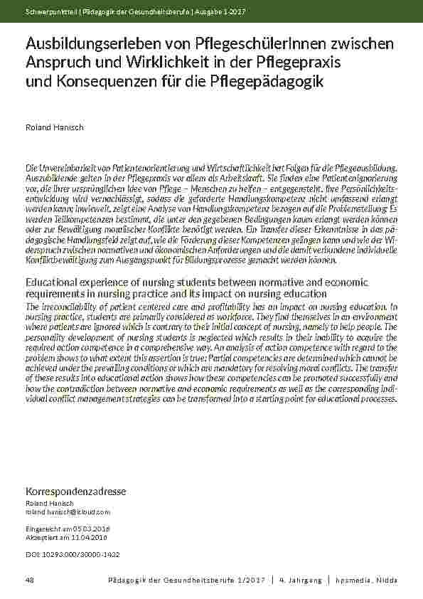 Ausbildungserleben von PflegeschülerInnen zwischen Anspruch und Wirklichkeit in der Pflegepraxis und Konsequenzen für die Pflegepädagogik