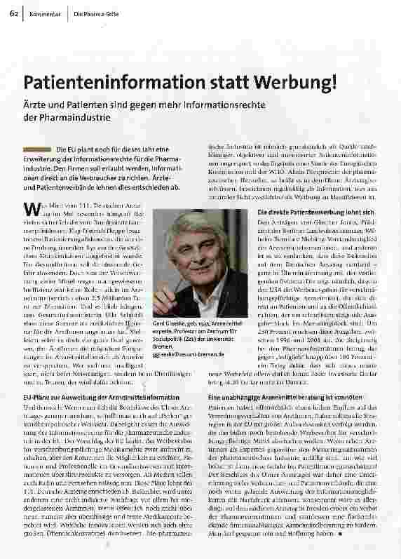 Patienteninformation statt Werbung!Ärzte und Patienten sind gegen mehr Informationsrechte der Pharmaindustrie