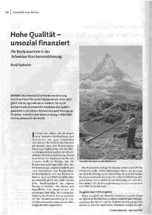 Hohe Qualität-unsozial finanziertDie Kopfpauschale in der Schweizer Krankenversicherung