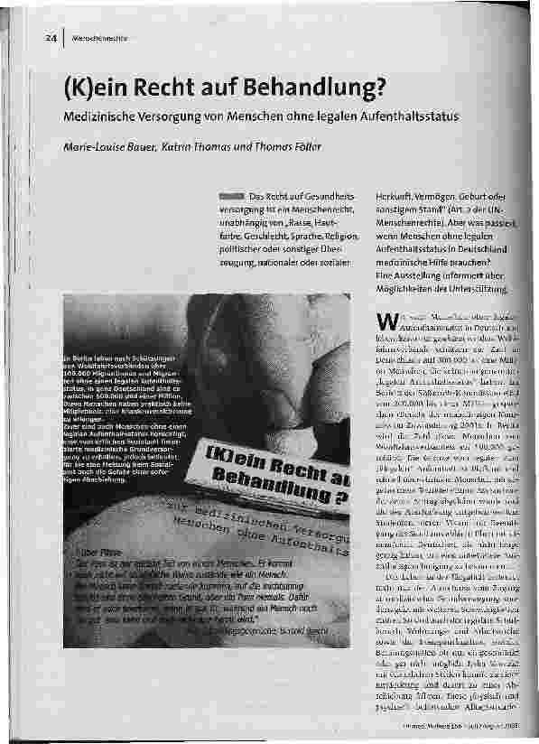 (K)ein Recht auf Behandlung?Medizinische Versorgung von Menschen ohne legalen Aufenthaltsstatus