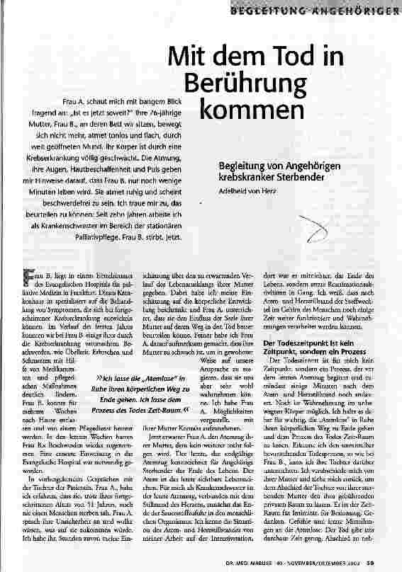 Mit dem Tod in Berührung kommen