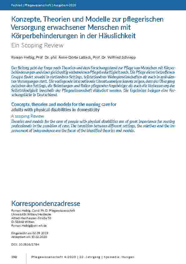 Konzepte, Theorien und Modelle zur pflegerischen Versorgung erwachsener Menschen mit Körperbehinderungen in der Häuslichkeit