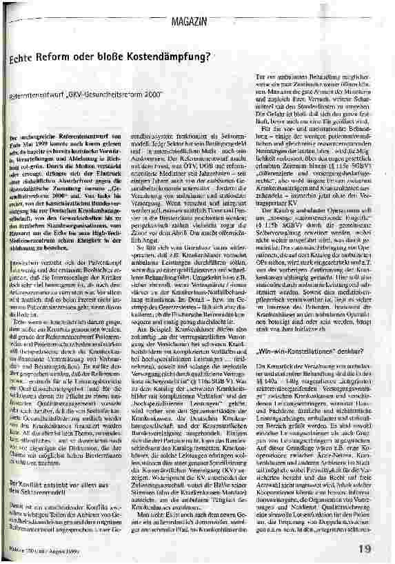 Echte Reform oder bloße Kostendämpfung? Referentenentwurf GKV-Gesundheitsreform 2000