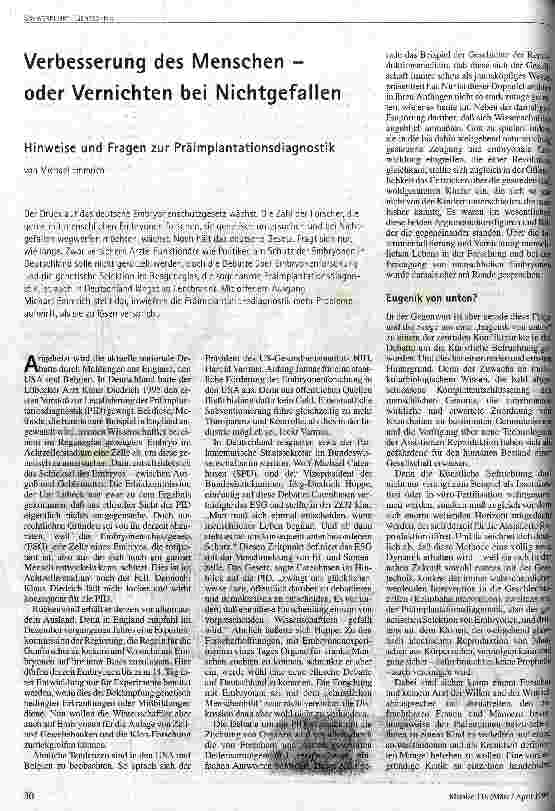 Verbesserung des Menschen - oder Vernichten bei Nichtgefallen Hinweise und Fragen zur Präimplantationsdiagnostik