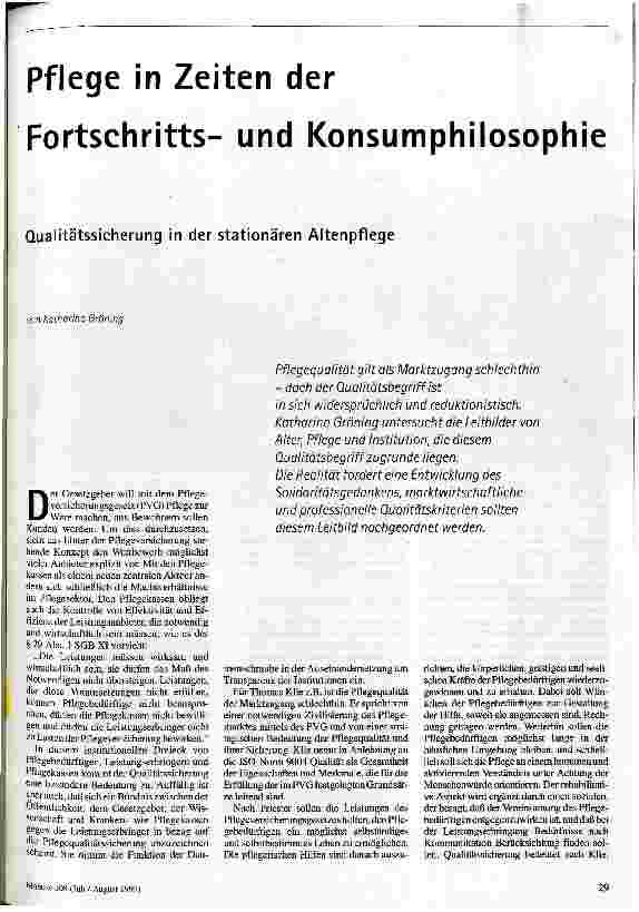 Pflege in Zeiten der Fortschrittsund Konsumphilosophie Qualitätssicherung in der stationären Altenpflege
