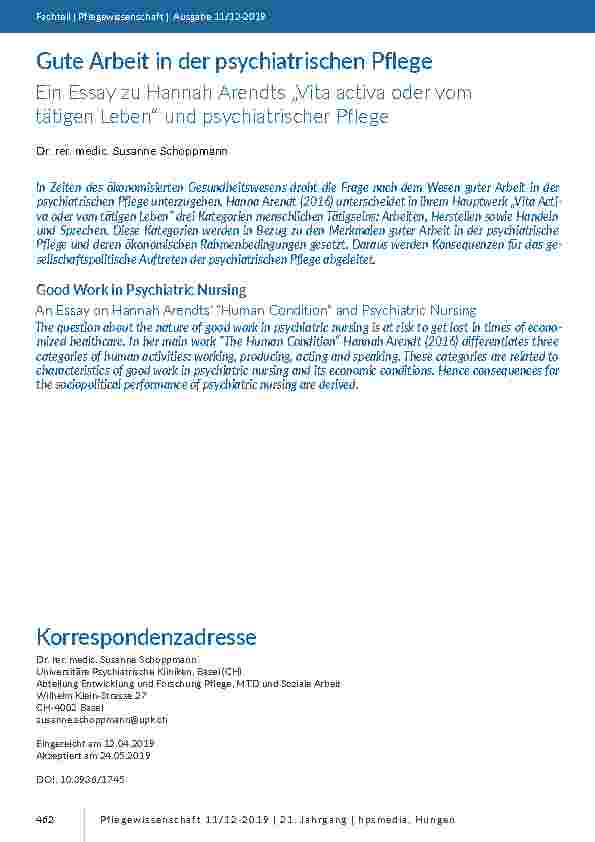 Gute Arbeit in der psychiatrischen Pflege. Ein Essay zu Hannah Arendts „Vita activa oder vom tätigen Leben“ und psychiatrischer Pflege