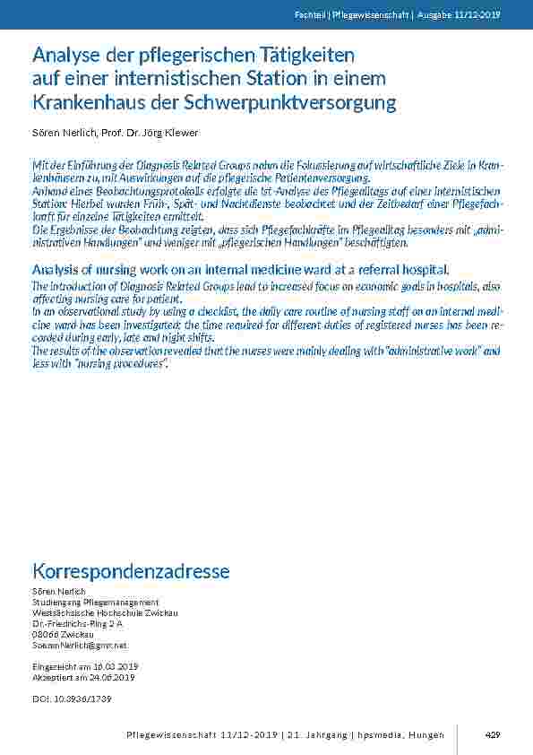 Analyse der pflegerischen Tätigkeiten auf einer internistischen Station in einem Krankenhaus der Schwerpunktversorgung