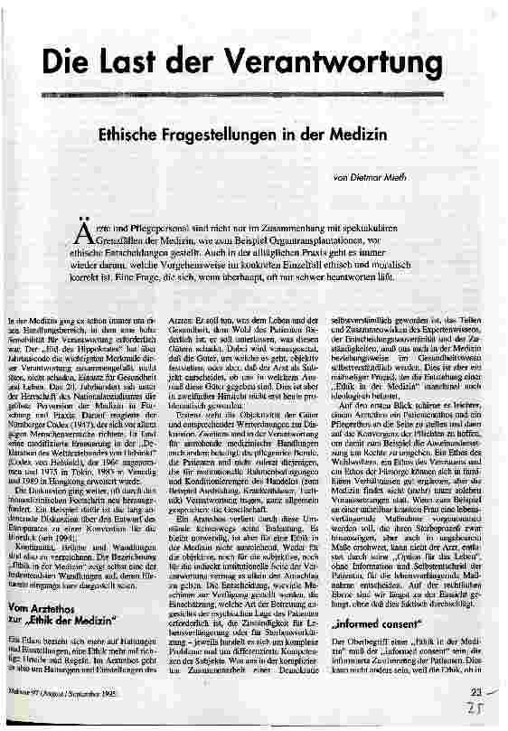 Die Last der Verantwortung Ethische Fragestellungen in der Medizin