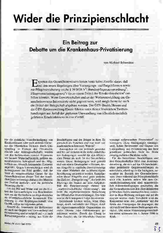 Wider die Prinzipienschlacht Ein Beitrag zur Debatte um die Krankenhaus-Privatisierung