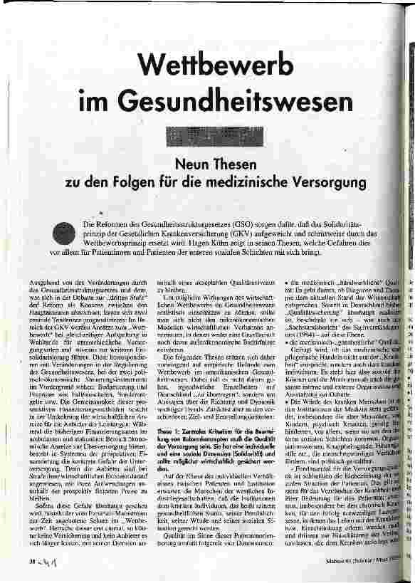 Wettbewerb im Gesundheitswesen Neun Thesen zu den Folgen für die medizinische Versorgung