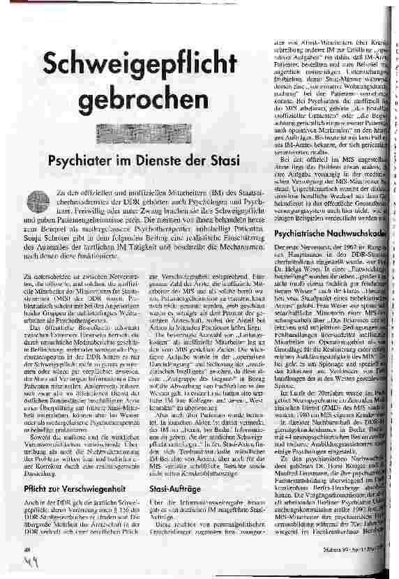 Schweigepflicht gebrochen Psychiater im Dienste der Stasi