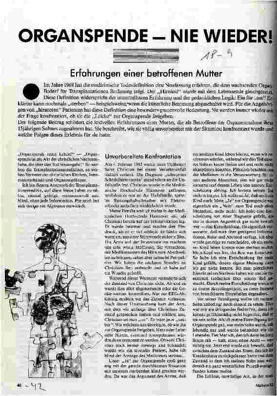 Organspende - nie wieder Erfahrungen einer betroffenen Mutter