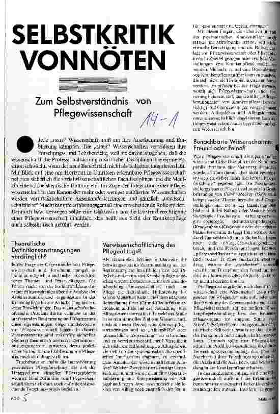 Selbstkritik vonnöten Zum Selbstverständnis von Pflegewissenschaft