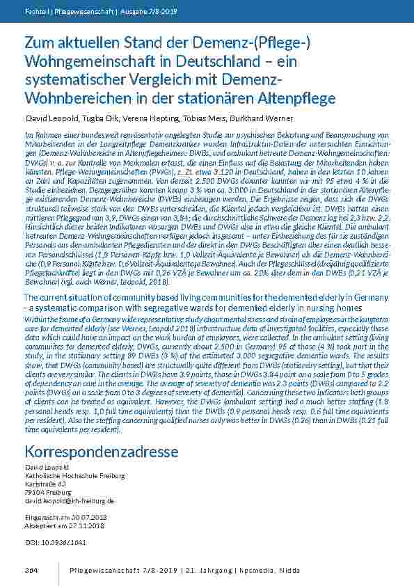 Zum aktuellen Stand der Demenz-(Pflege-) Wohngemeinschaft in Deutschland – ein systematischer Vergleich mit Demenz-Wohnbereichen in der stationären Altenpflege