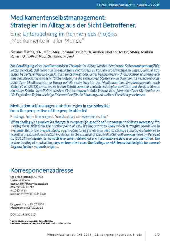Medikamentenselbstmanagement: Strategien im Alltag aus der Sicht Betroffener. Eine Untersuchung im Rahmen des Projekts „Medikamente in aller Munde“