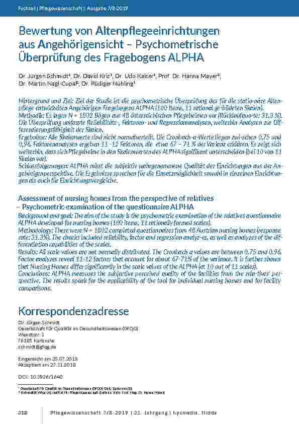 Bewertung von Altenpflegeeinrichtungen aus Angehörigensicht – Psychometrische Überprüfung des Fragebogens ALPHA
