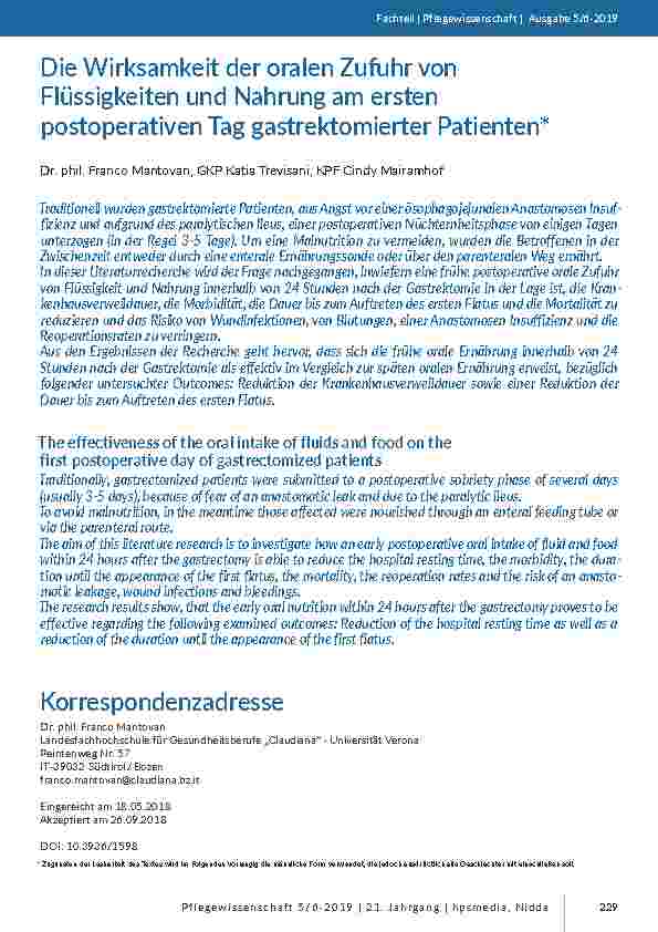 Die Wirksamkeit der oralen Zufuhr von Flüssigkeiten und Nahrung am ersten postoperativen Tag gastrektomierter Patienten