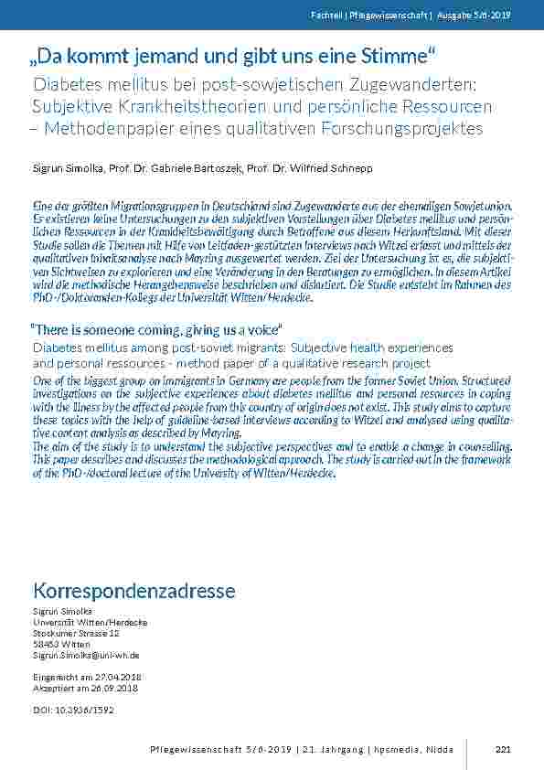 „Da kommt jemand und gibt uns eine Stimme“. Diabetes mellitus bei post-sowjetischen Zugewanderten: Subjektive Krankheitstheorien und persönliche Ressourcen – Methodenpapier eines qualitativen Forschungsprojektes