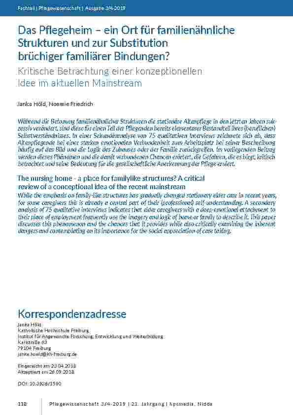 Das Pflegeheim – ein Ort für familienähnliche Strukturen und zur Substitution brüchiger familiärer Bindungen? Kritische Betrachtung einer konzeptionellen Idee im aktuellen Mainstream