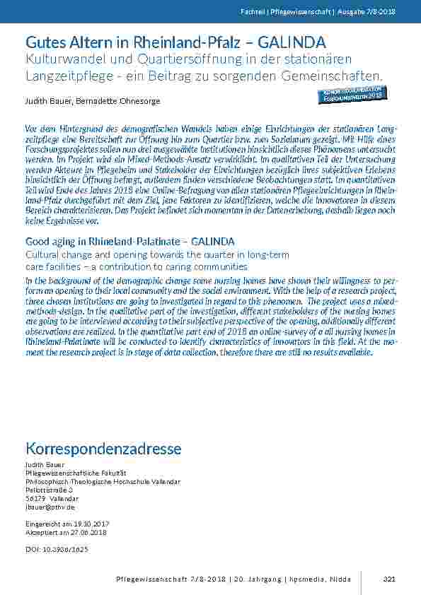 Gutes Altern in Rheinland-Pfalz – GALINDA. Kulturwandel und Quartiersöffnung in der stationären Langzeitpflege - ein Beitrag zu sorgenden Gemeinschaften.