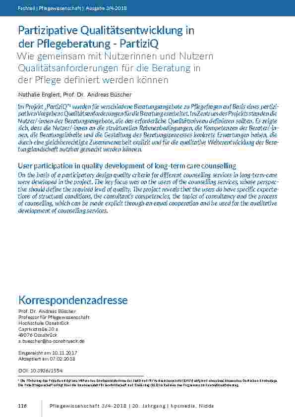 Partizipative Qualitätsentwicklung in der Pflegeberatung - PartiziQ. Wie gemeinsam mit Nutzerinnen und Nutzern Qualitätsanforderungen für die Beratung in der Pflege definiert werden können