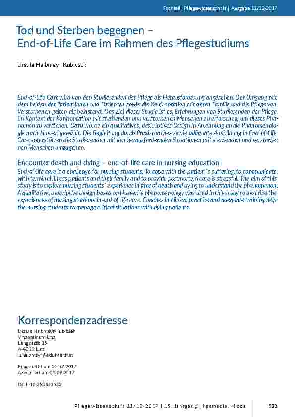 Tod und Sterben begegnen – End-of-Life Care im Rahmen des Pflegestudiums
