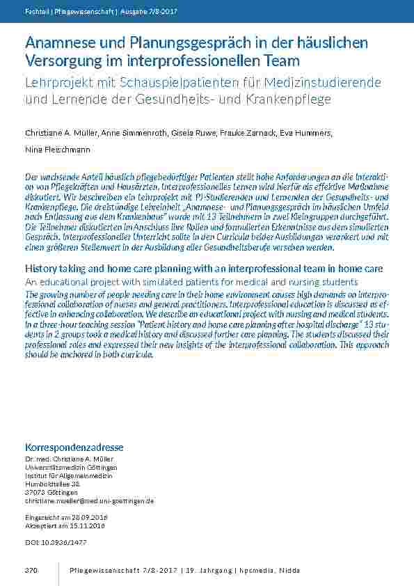 Anamnese und Planungsgespräch in der häuslichen Versorgung im interprofessionellen Team. Lehrprojekt mit Schauspielpatienten für Medizinstudierende und Lernende der Gesundheitsund Krankenpflege