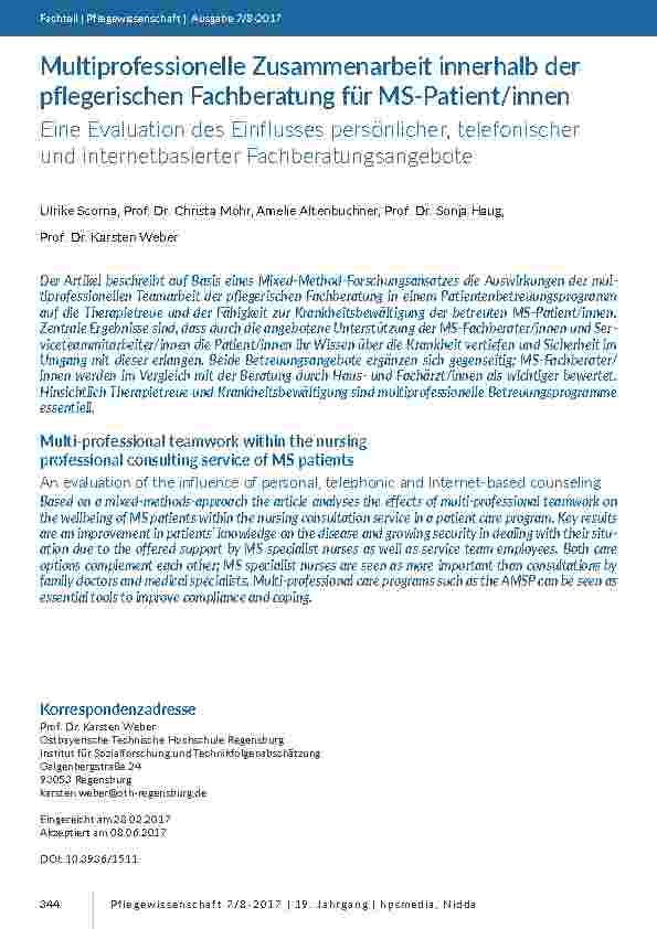 Multiprofessionelle Zusammenarbeit innerhalb der pflegerischen Fachberatung für MS-Patient/innen. Eine Evaluation des Einflusses persönlicher, telefonischer und internetbasierter Fachberatungsangebote