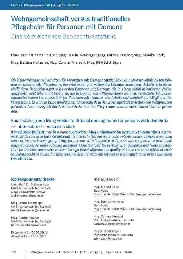 Wohngemeinschaft versus traditionelles Pflegeheim für Personen mit Demenz. Eine vergleichende Beobachtungsstudie