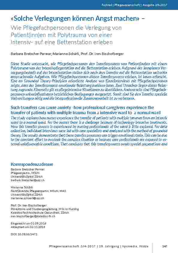 «Solche Verlegungen können Angst machen» – Wie Pflegefachpersonen die Verlegung von Patient(inn)en mit Polytrauma von einer Intensivauf eine Bettenstation erleben