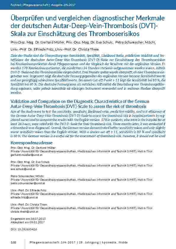 Überprüfen und vergleichen diagnostischer Merkmale der deutschen Autar-Deep-Vein-Thrombosis (DVT)-Skala zur Einschätzung des Thromboserisikos
