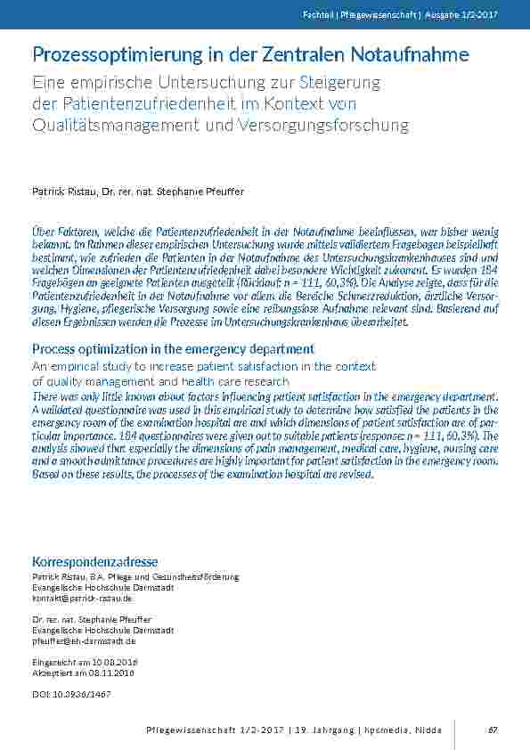 Prozessoptimierung in der Zentralen Notaufnahme. Eine empirische Untersuchung zur Steigerung der Patientenzufriedenheit im Kontext von Qualitätsmanagement und Versorgungsforschung