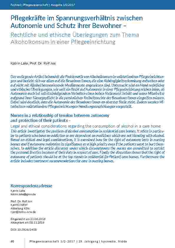 Pflegekräfte im Spannungsverhältnis zwischen Autonomie und Schutz ihrer Bewohner – Rechtliche und ethische Überlegungen zum Thema Alkoholkonsum in einer Pflegeeinrichtung