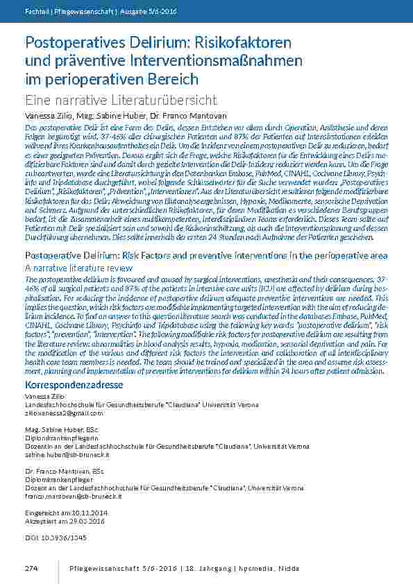 Postoperatives Delirium: Risikofaktoren und präventive Interventionsmaßnahmen im perioperativen Bereich. Eine narrative Literaturübersicht