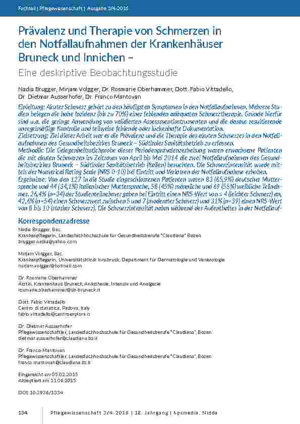 Prävalenz und Therapie von Schmerzen in den Notfallaufnahmen der Krankenhäuser Bruneck und Innichen – Eine deskriptive Beobachtungsstudie
