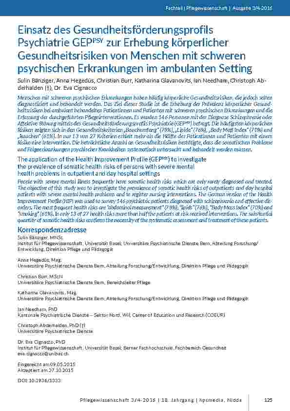 Einsatz des Gesundheitsförderungsprofils Psychiatrie GEPPSY zur Erhebung körperlicher Gesundheitsrisiken von Menschen mit schweren psychischen Erkrankungen im ambulanten Setting