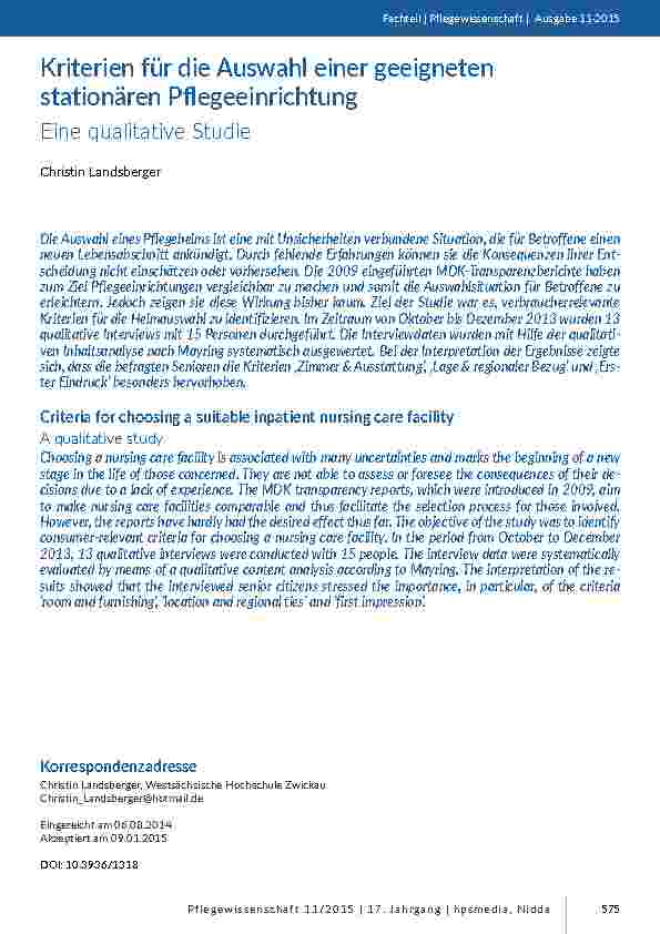Kriterien für die Auswahl einer geeigneten stationären Pflegeeinrichtung - Eine qualitative Studie