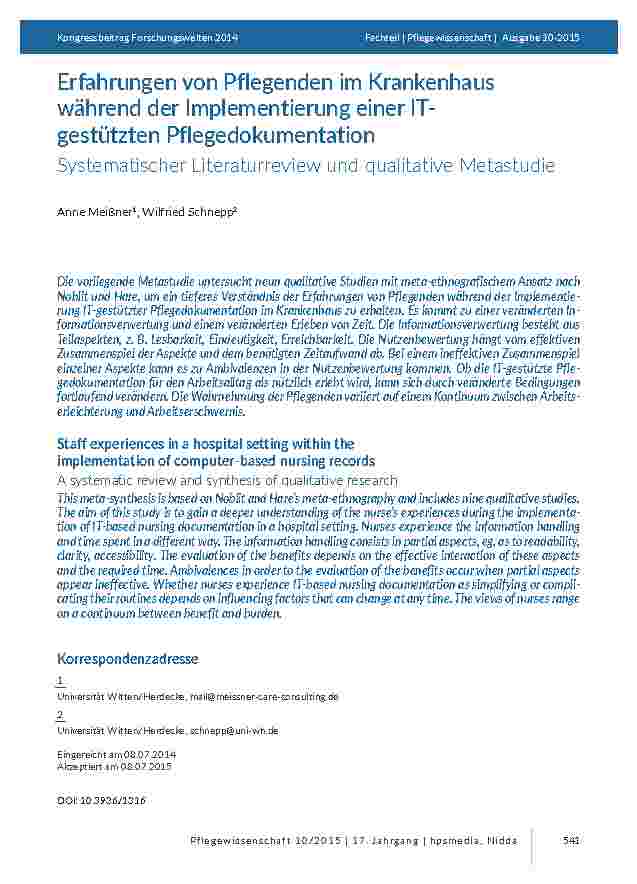 Erfahrungen von Pflegenden im Krankenhaus während der Implementierung einer ITgestützten Pflegedokumentation. Systematischer Literaturreview und qualitative Metastudie