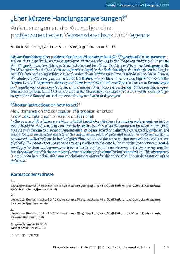 „Eher kürzere Handlungsanweisungen?“ - Anforderungen an die Konzeption einer problemorientierten Wissensdatenbank für Pflegende