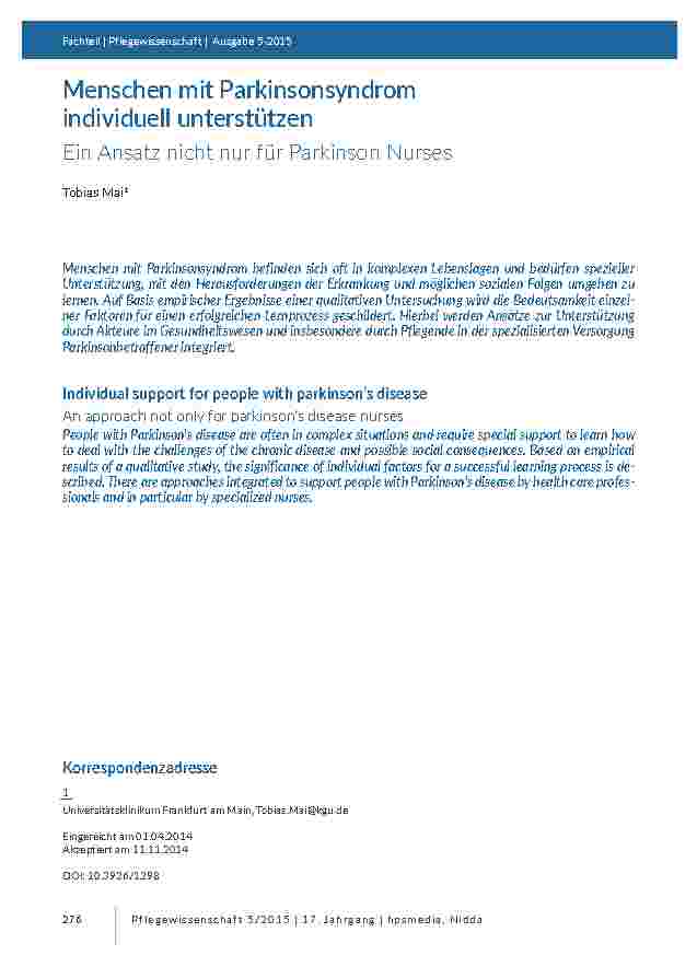 Menschen mit Parkinsonsyndrom individuell unterstützen. Ein Ansatz nicht nur für Parkinson Nurses