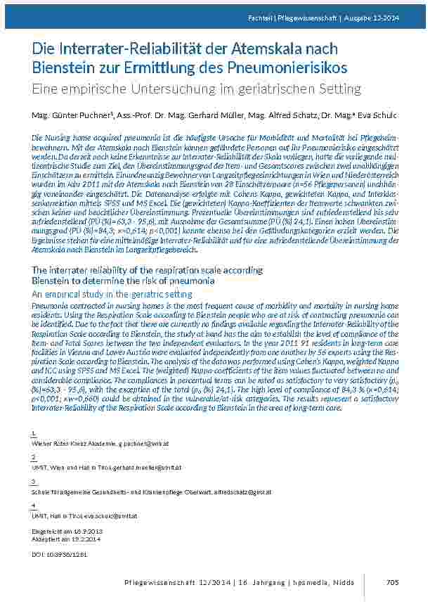 Die Interrater-Reliabilität der Atemskala nach Bienstein zur Ermittlung des Pneumonierisikos. Eine empirische Untersuchung im geriatrischen Setting