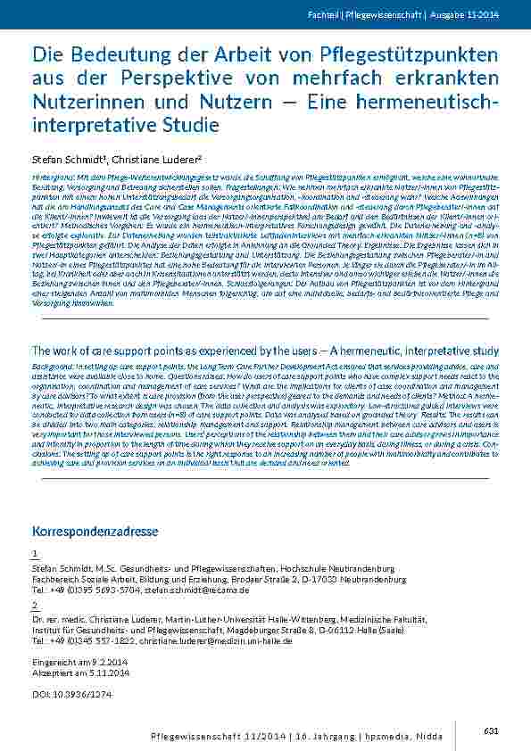 Die Bedeutung der Arbeit von Pflegestützpunkten aus der Perspektive von mehrfach erkrankten Nutzerinnen und Nutzern — Eine hermeneutischinterpretative Studie