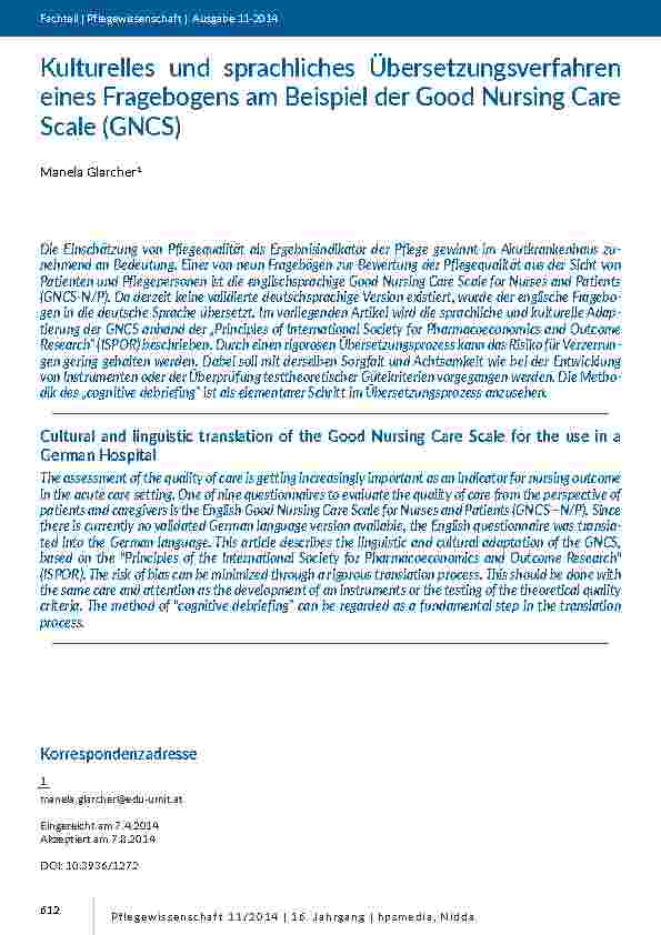 Kulturelles und sprachliches übersetzungsverfahren eines Fragebogens am Beispiel der Good Nursing Care Scale (GNCS)