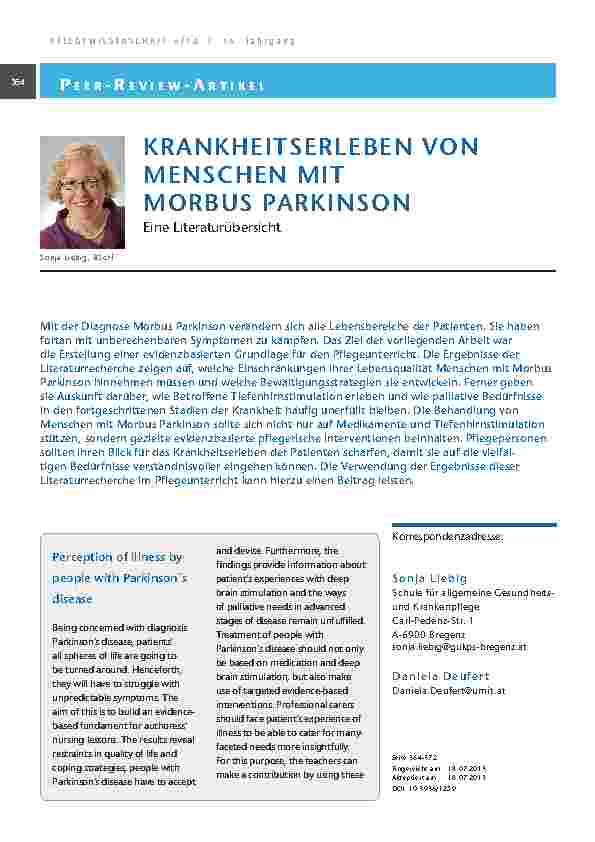 Krankheitserleben von Menschen mit Morbus Parkinson. Eine Literaturübersicht