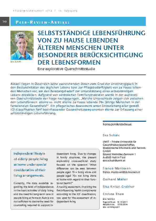 Selbstständige Lebensführung von zu Hause lebenden älteren Menschen unter besonderer Berücksichtigung der Lebensformen. Eine explorative Querschnittsstudie